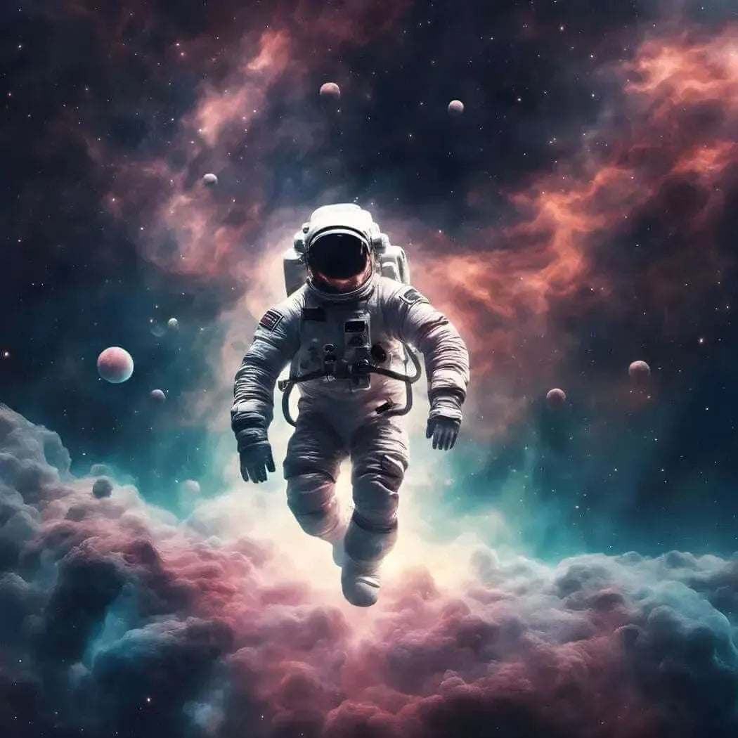 Astronaut floating through vibrant cosmic clouds and stars, evoking a sense of otherworldly adventure and freshness.