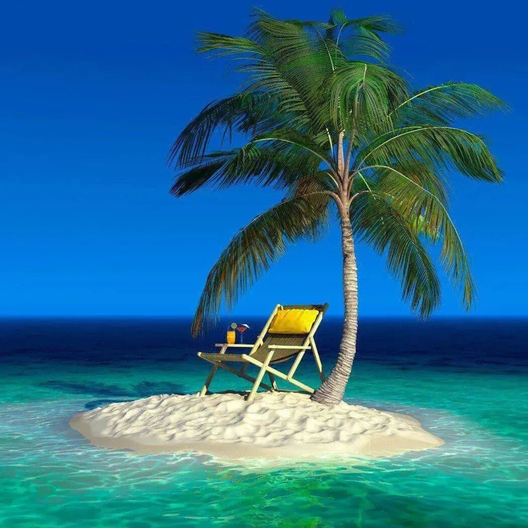 A tranquil tropical island with a palm tree and a yellow beach chair, perfect for relaxation and escape.
