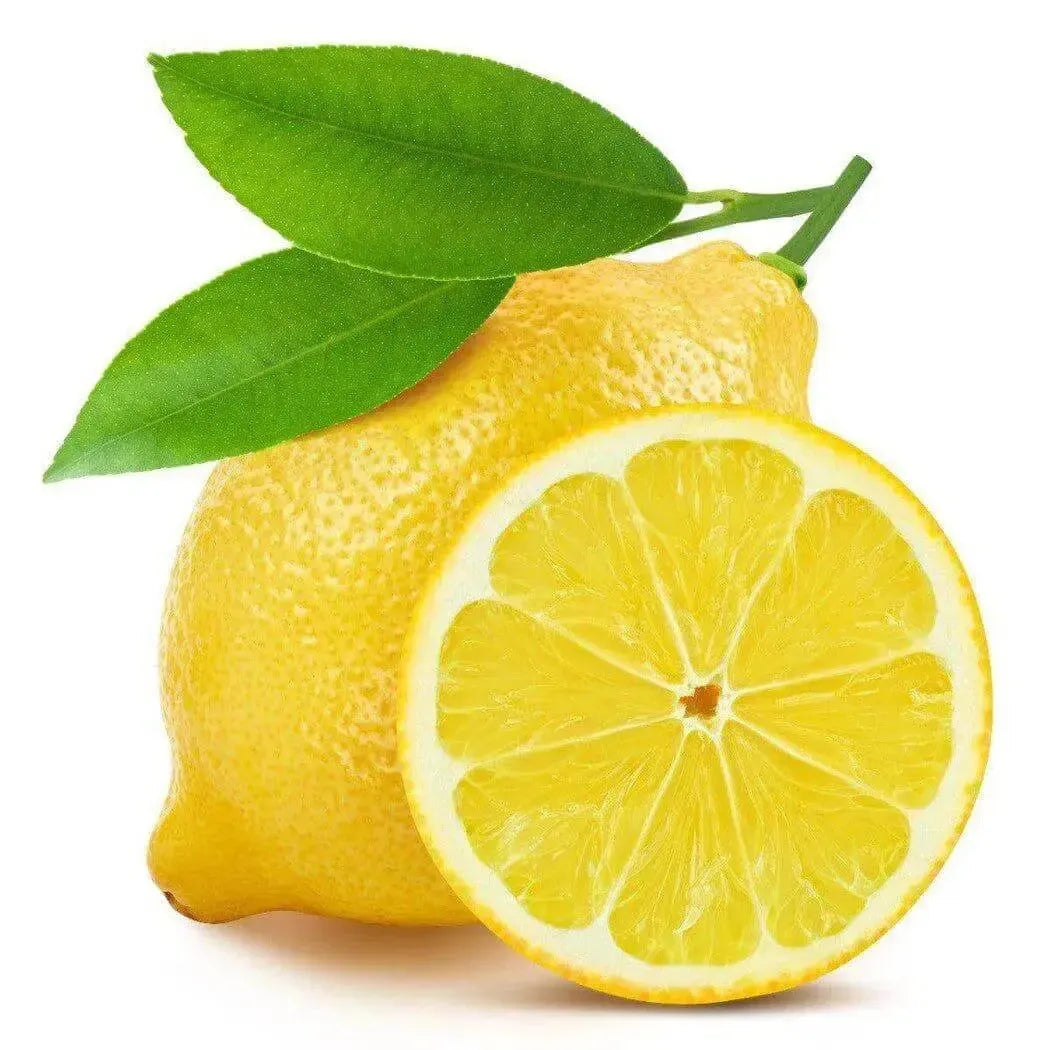Fresh lemon with green leaves, showcasing bright yellow fruit and a sliced half, perfect for vibrant essential oil blends.