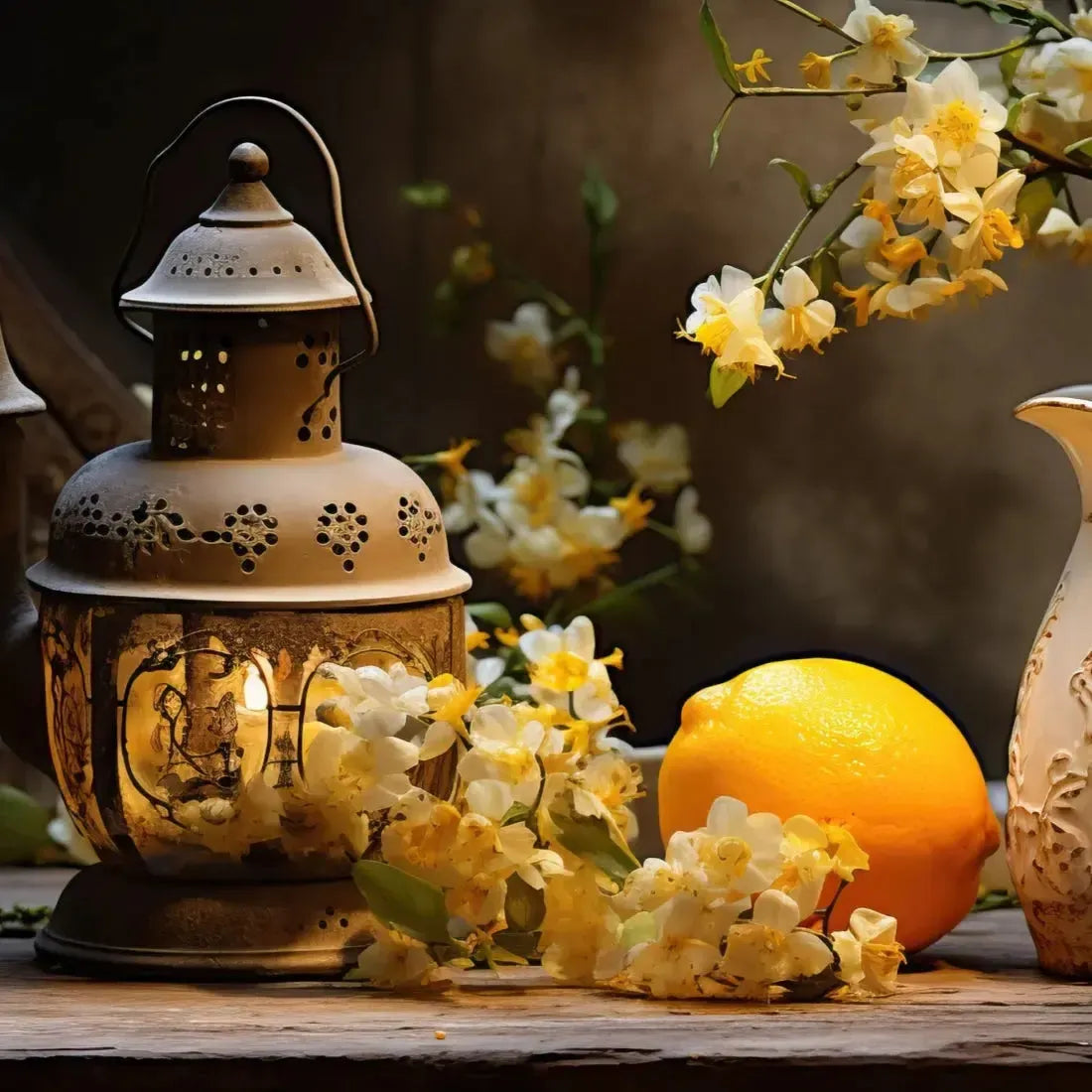 Citrusy Lemon with delicate flowers and candle lantern creating a warm, inviting atmosphere.