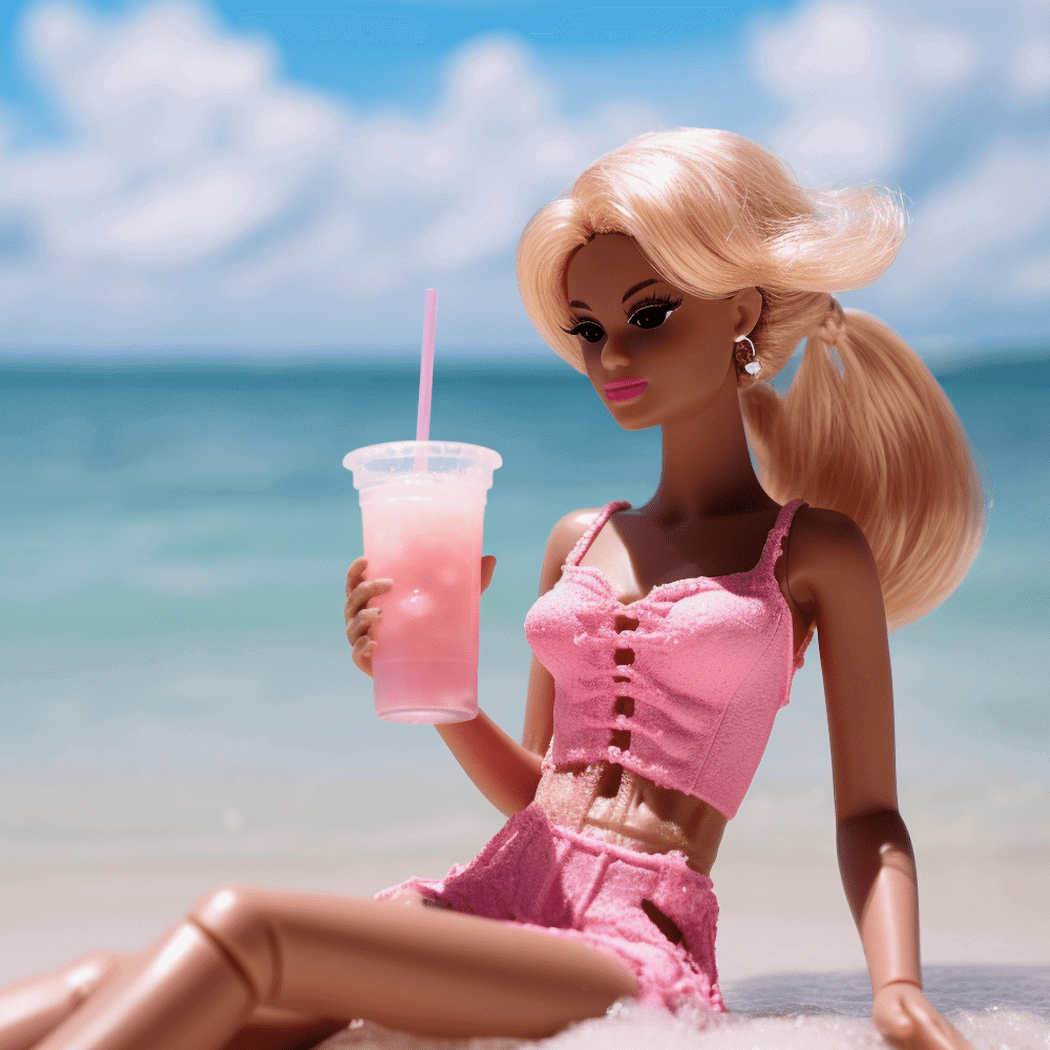A stylish doll in a pink outfit enjoying a refreshing pink drink by the beach, radiating summer vibes.