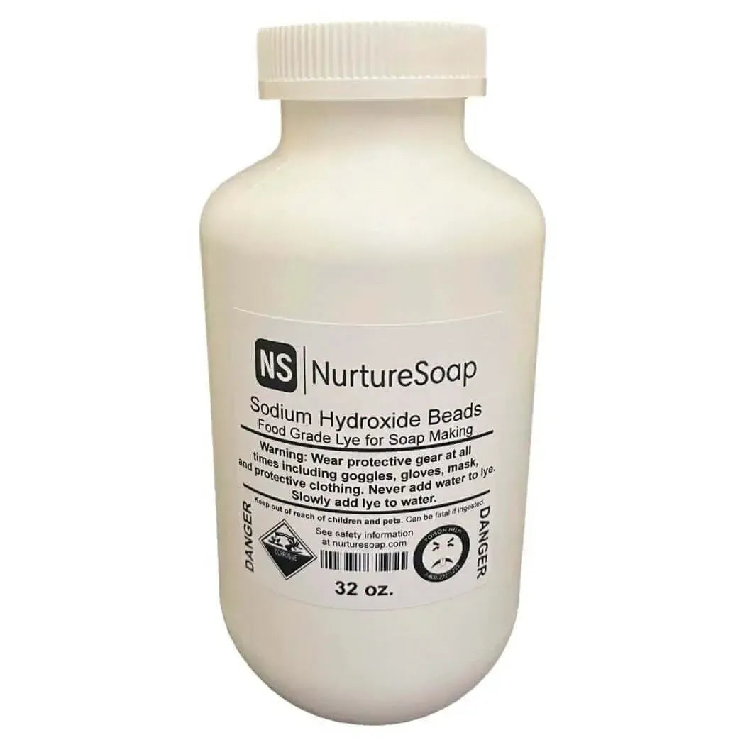 Sodium Hydroxide beads in a 32 oz container, essential for soap making, 99.2% pure and easy to dissolve.