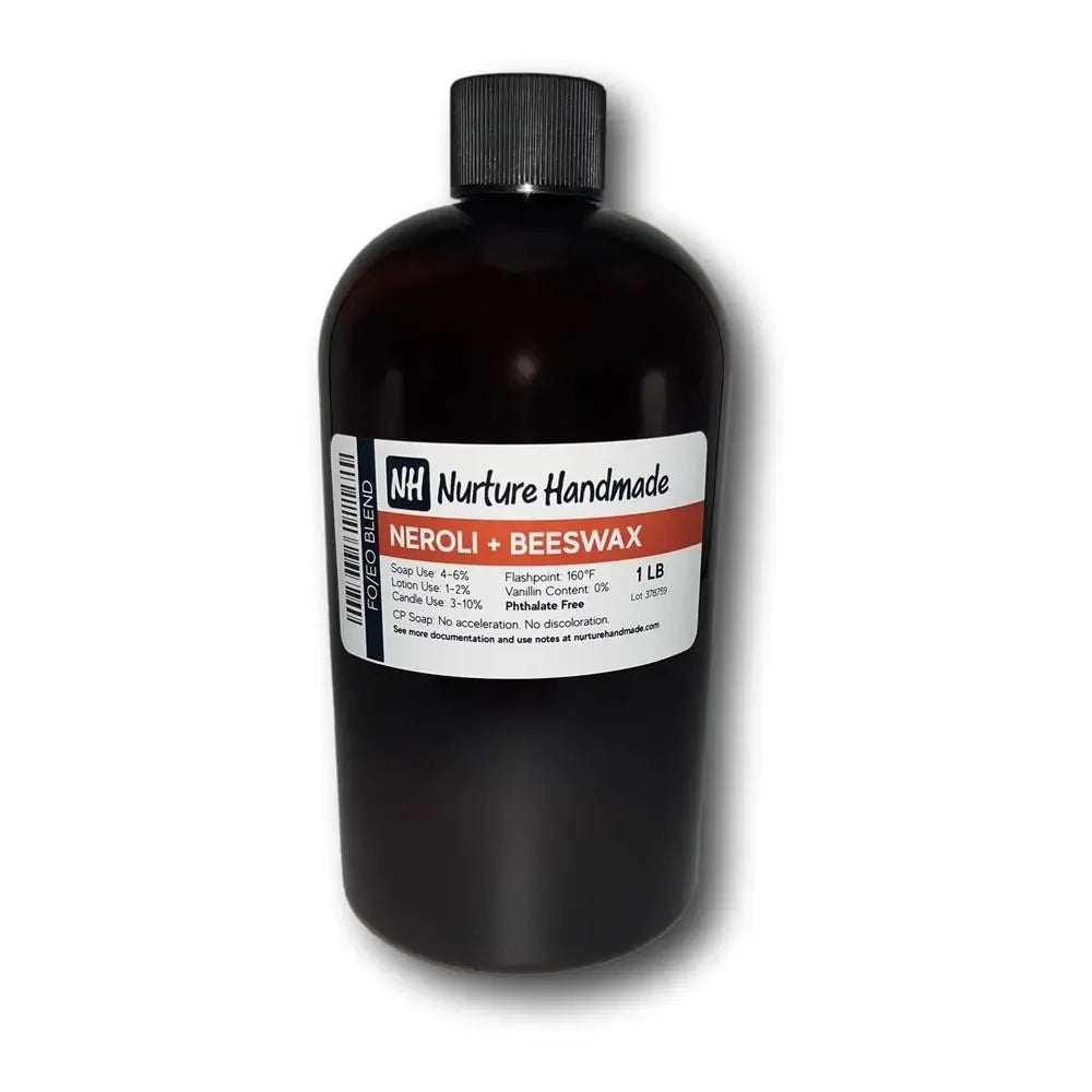 Neroli + Beeswax FO/EO blend in a bottle, featuring floral and sweet notes for soap and perfume.