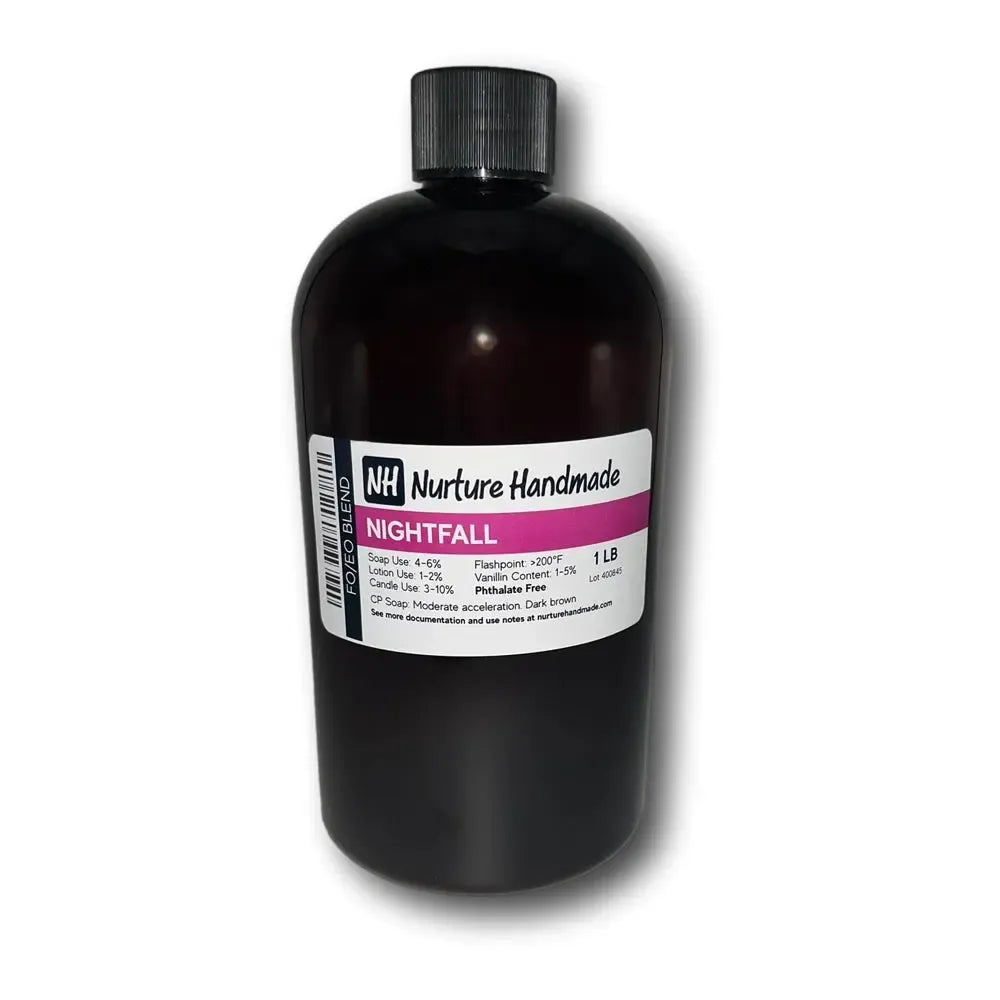 Nightfall fragrance oil bottle showcasing calming lavender and warm floral notes for serene ambiance.