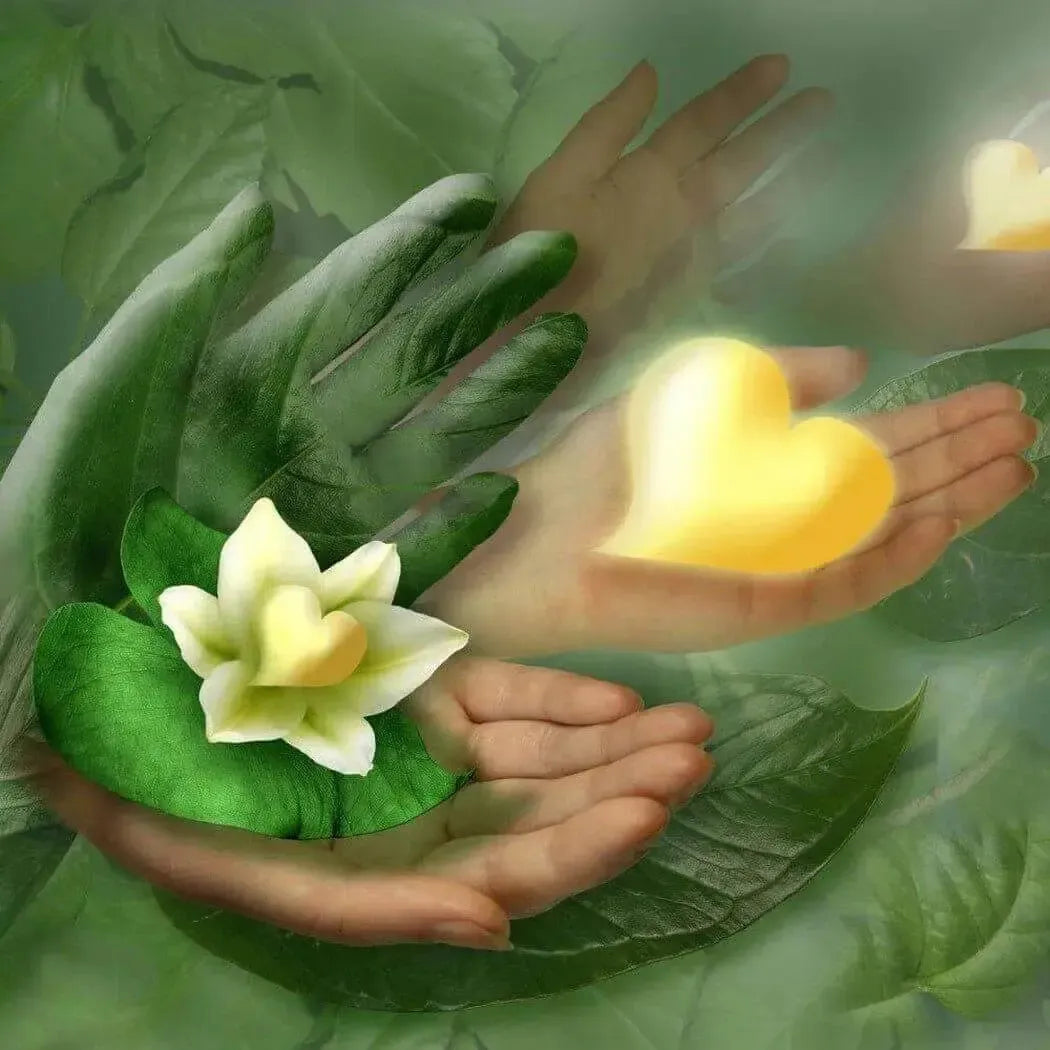 Two hands cradling a white flower and a glowing heart on green leaves, symbolizing love and nature.