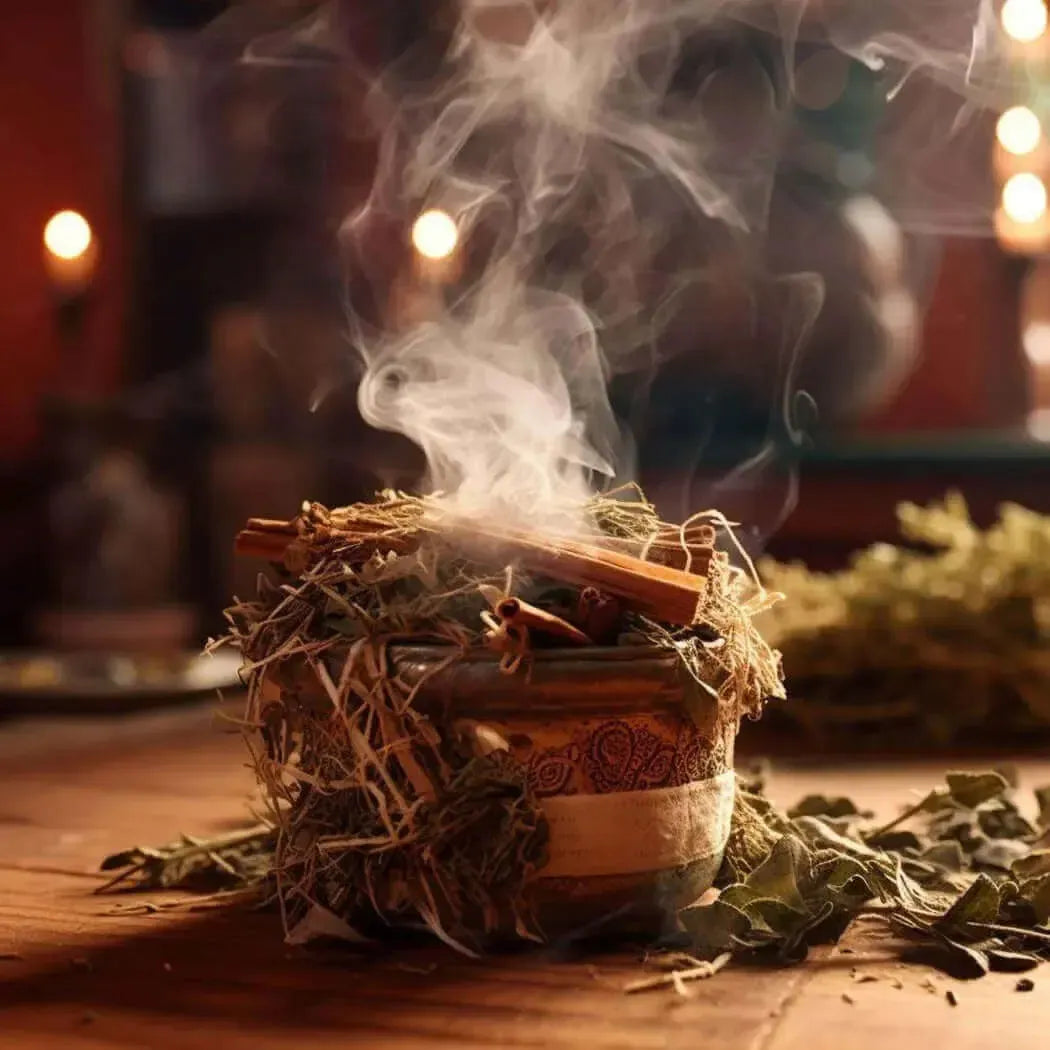 Smoke rises from a pot filled with Palo Santo and sage, creating a calming and spiritual ambiance.
