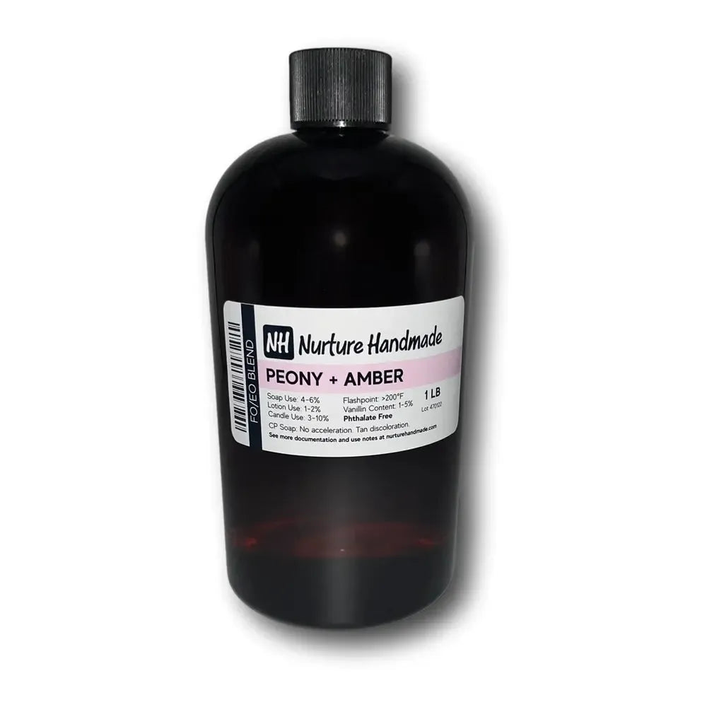 Peony and Amber fragrance blend in a sleek dark bottle, offering a luxurious floral experience.