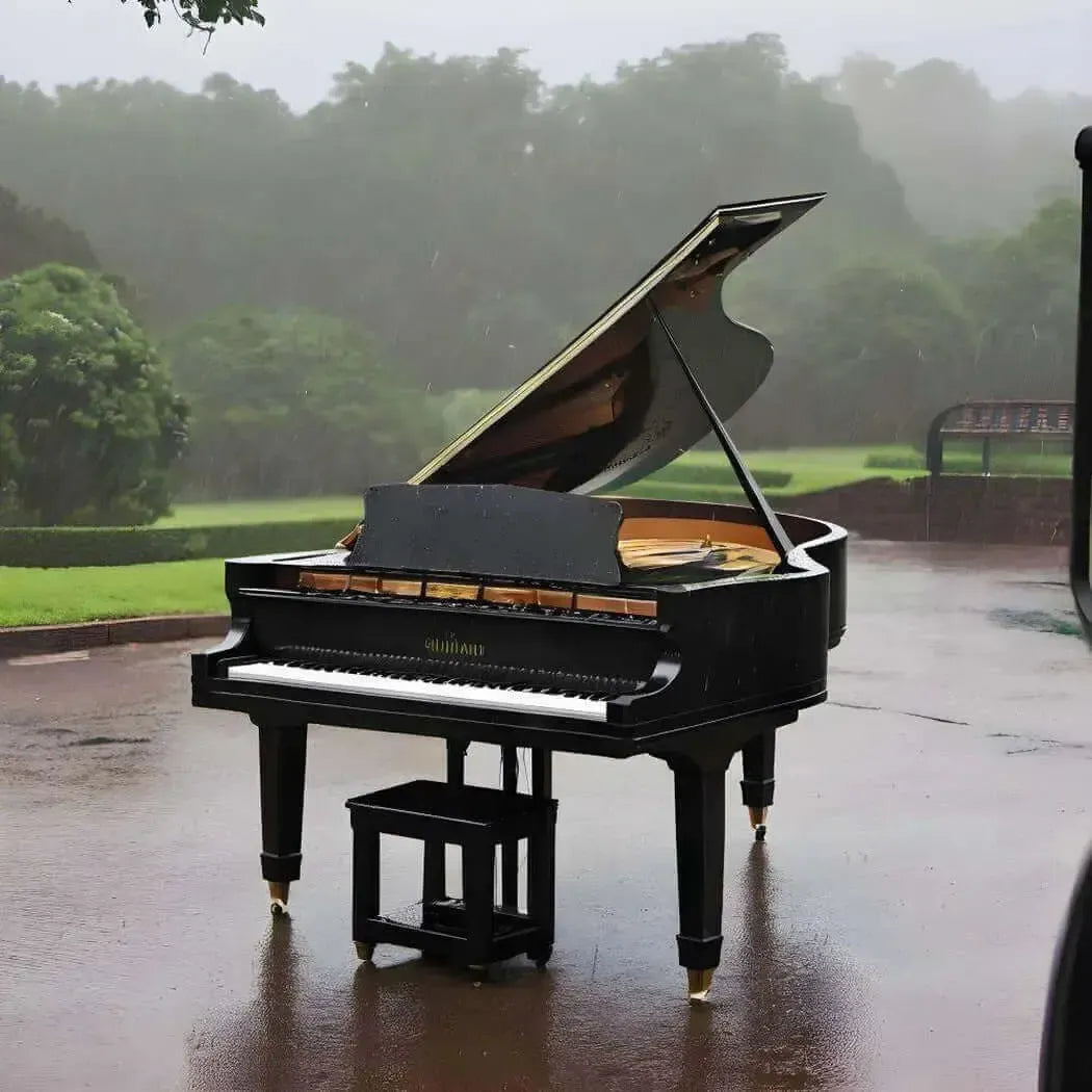 Grand piano in the rain amidst lush greenery, evoking an artistic and serene atmosphere.