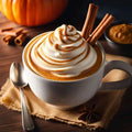 Delicious pumpkin spice latte topped with cream and cinnamon sticks, surrounded by seasonal decor.