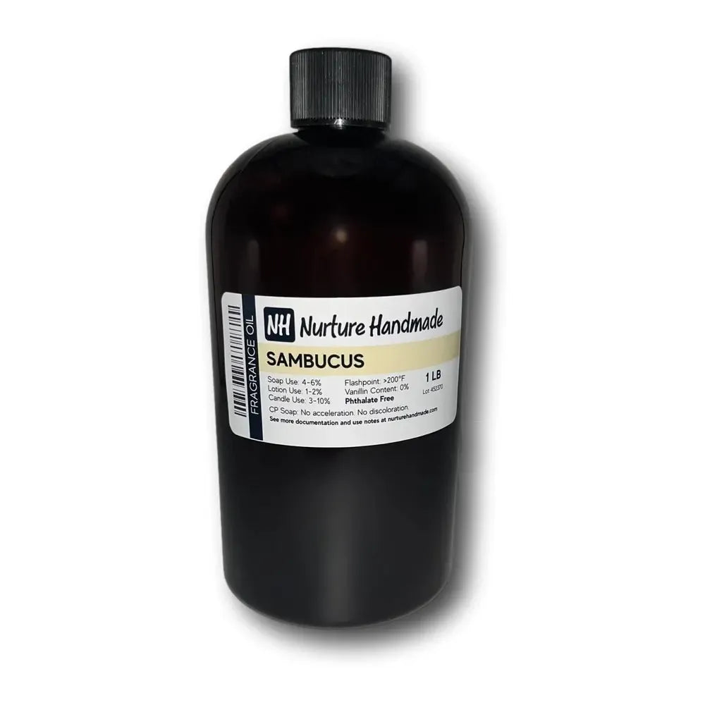 Sambucus Fragrance Oil bottle showcasing vibrant elderberry and floral scents in a chic black container.