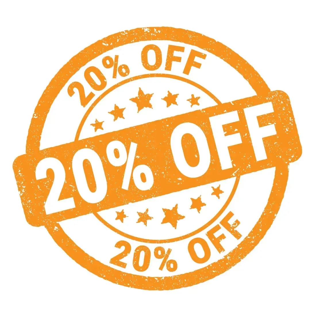 Orange stamp graphic displaying '20% OFF' on a white background, promoting a discount offer.