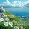 Vibrant flowers bloom by the ocean, with a beautiful blue sky and soft clouds in the background, evoking coastal serenity.