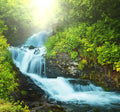 Serene mountain river with gentle waterfalls surrounded by lush green vegetation and sunlight filtering through trees.
