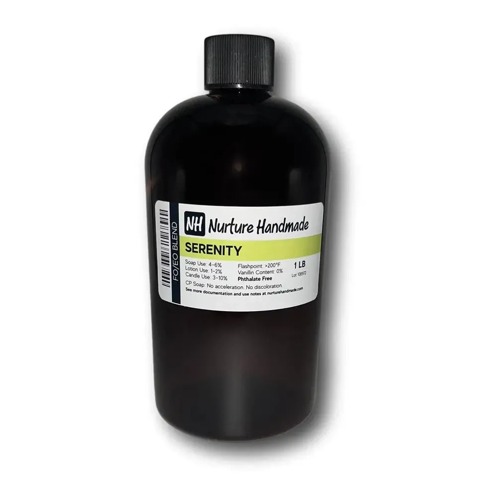 Serenity FO/EO Blend bottle from Nurture Handmade, capturing the essence of nature and tranquility.