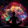 Silhouette of a person meditating against a colorful cosmic background, symbolizing peace and connection to the universe.