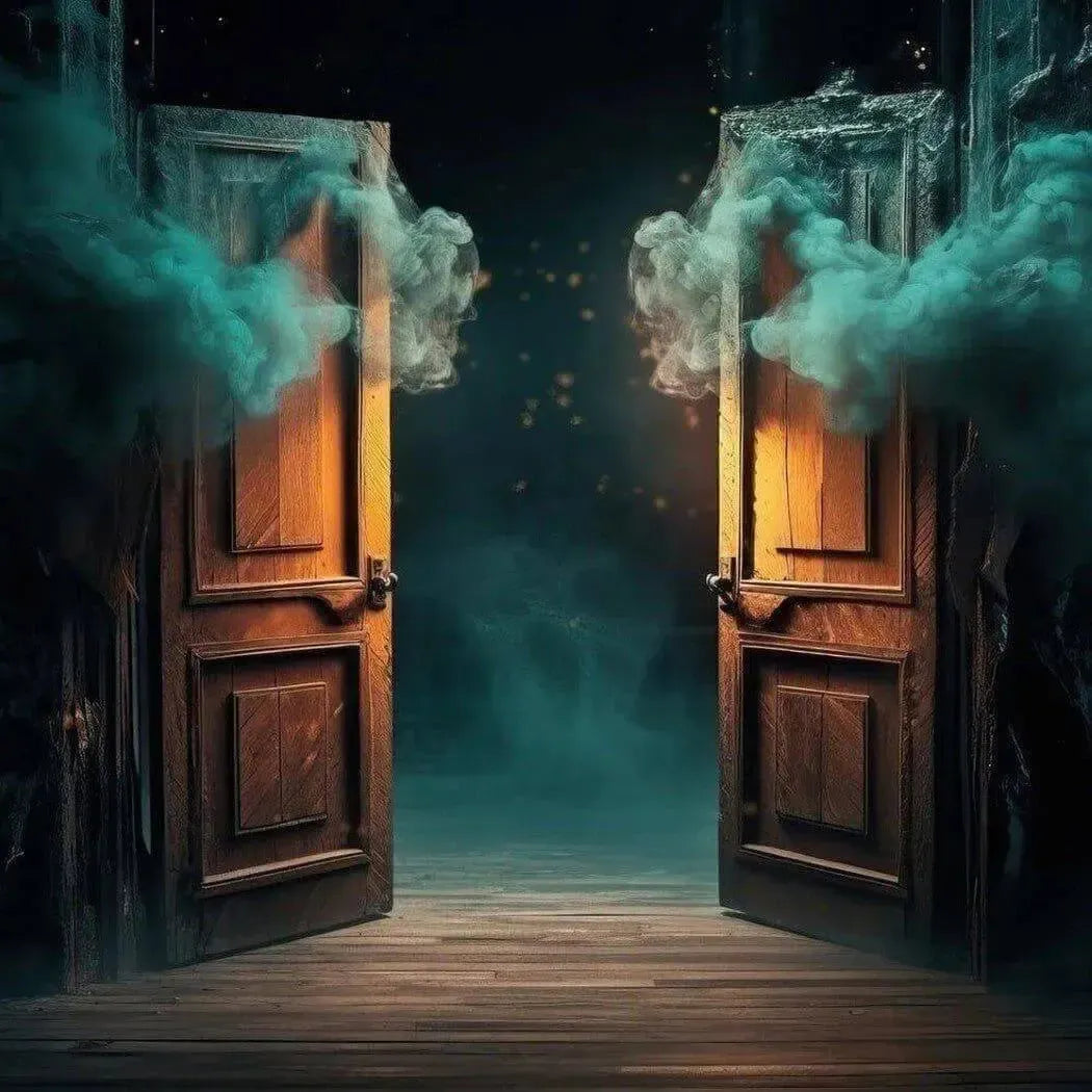 Two wooden doors creak open, shrouded in smoky mist, inviting you into the mysterious realm beyond.