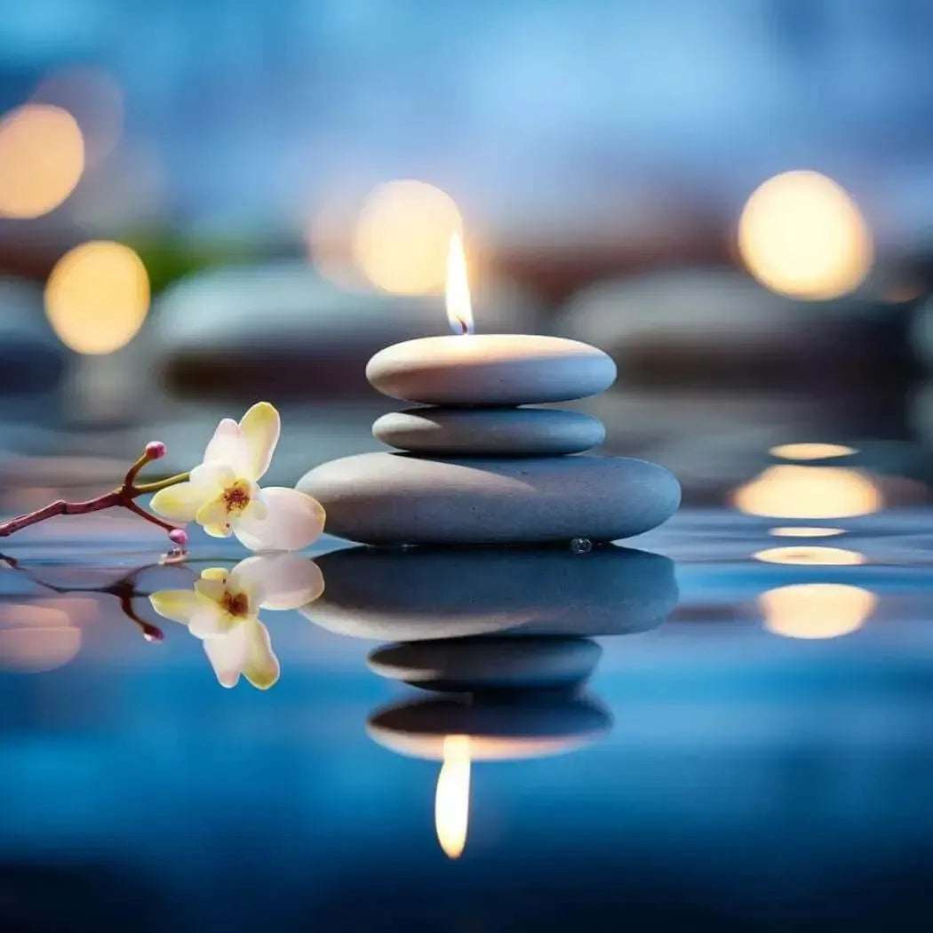 Zen stones with a lit candle and an orchid, creating a tranquil spa atmosphere with gentle reflections.