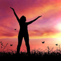 Silhouette of a woman with arms raised in joy against a vibrant sunset, surrounded by butterflies and greenery.
