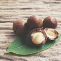 Macadamia nuts on a green leaf, showcasing the inner creamy goodness, perfect for fragrance oil ingredients.