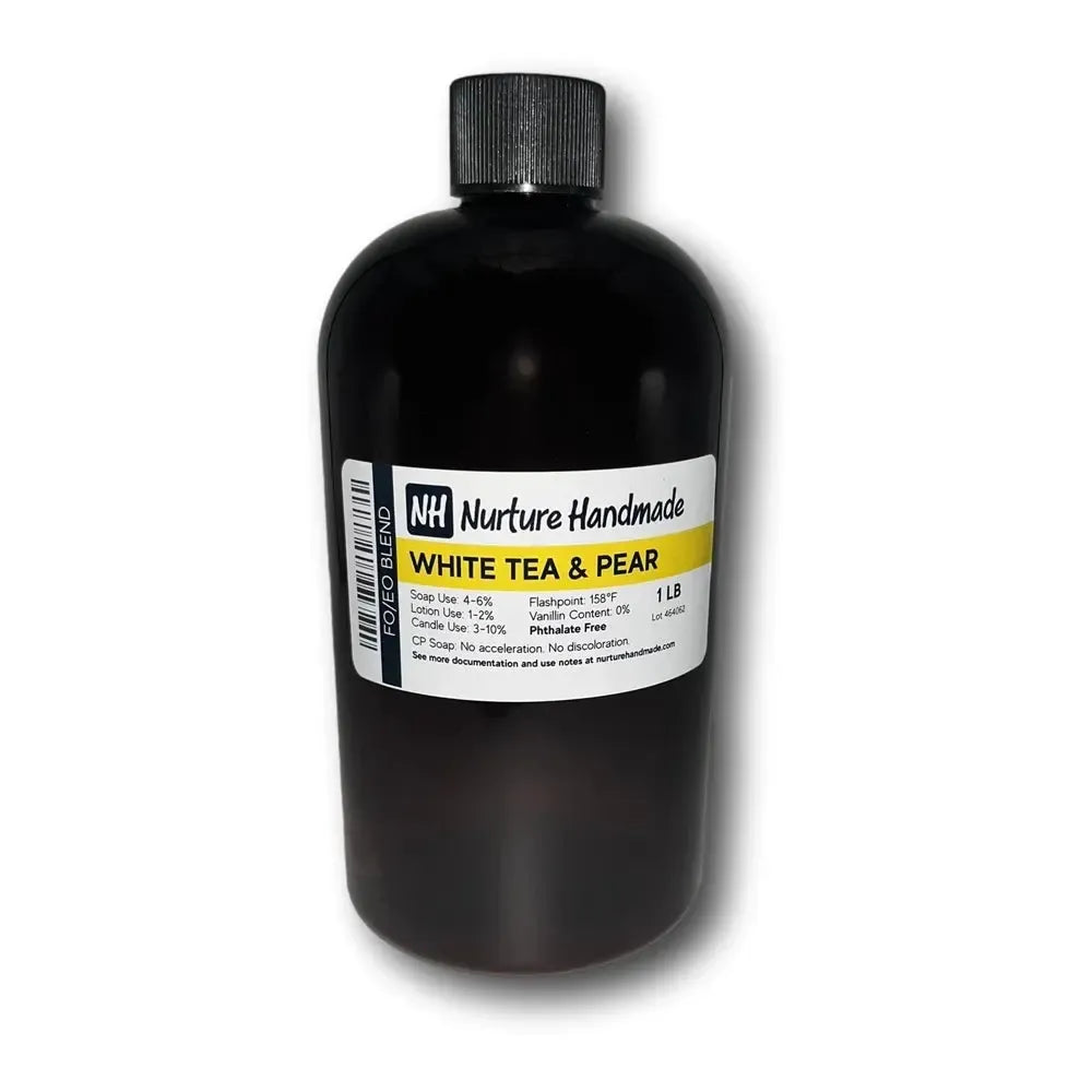 Nurture Handmade White Tea & Pear fragrance oil bottle, showcasing fresh, sweet notes and warm wood undertones.