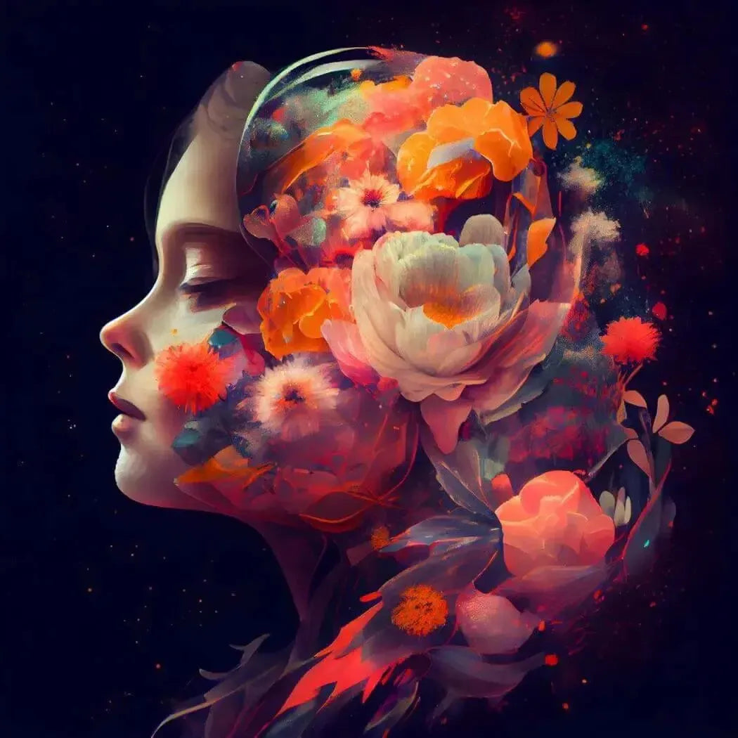 Artful portrait of a woman with blooming flowers in her hair, symbolizing beauty and nature's allure.